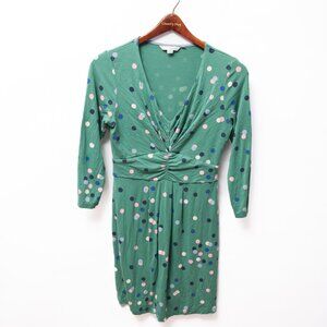 Boden Green Polka Dot Jersey Spring Dress Deep V Ruched Bust Stretch Size 6